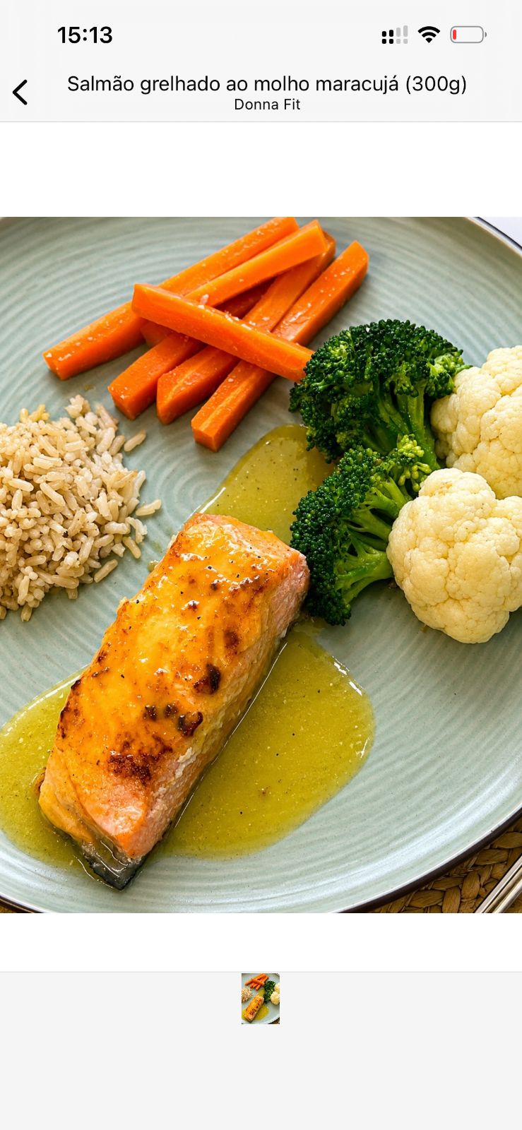 Salmão grelhado ao molho maracujá com legumes na manteiga e arroz (300g)